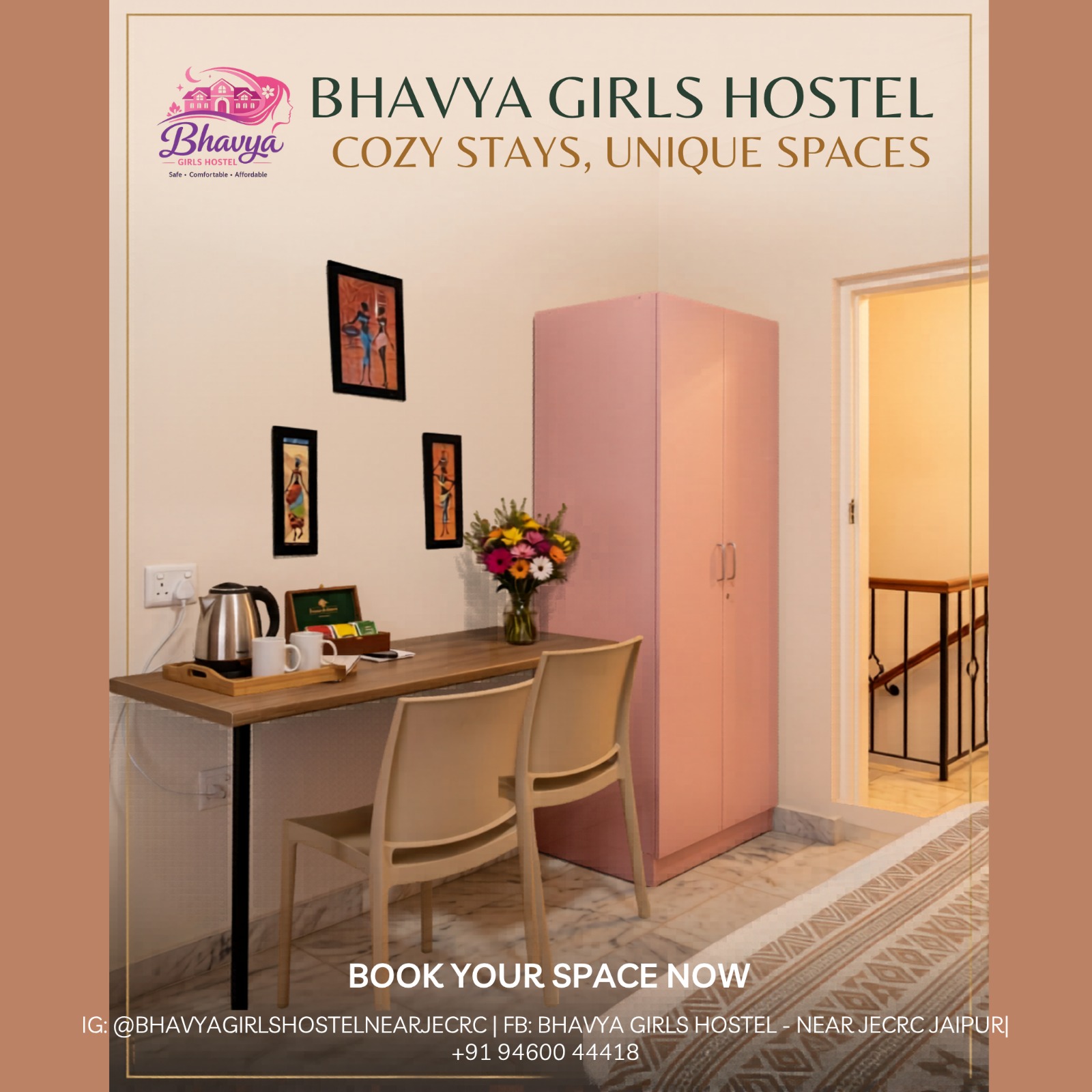 Room with study desk and wardrobe at Bhavya Girls Hostel